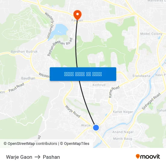 वारजे गाँव to पाषाण map