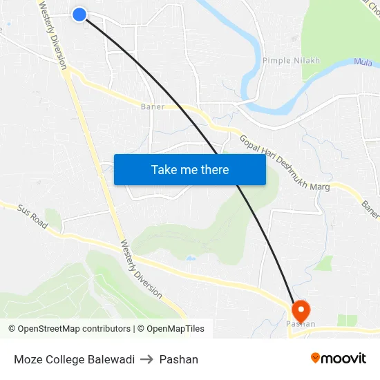 Moze College Balewadi to Pashan map