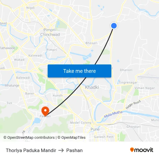 थोरल्या पादुका मंदिर to पाषाण map