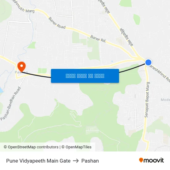 पुणे विद्यापीठ मुख्य द्वार to पाषाण map
