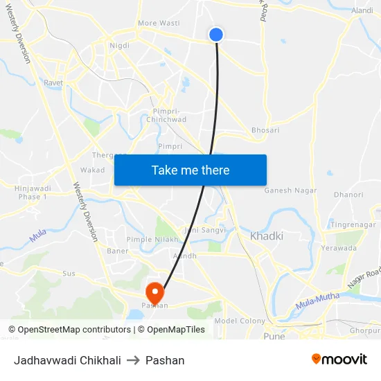 Jadhavwadi Chikhali to Pashan map