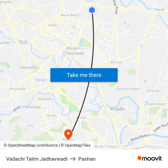 वडाची तालीम जाधववाडी to पाषाण map