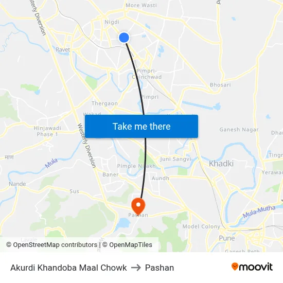 आकुर्डी खंडोबा माळ चौक to पाषाण map