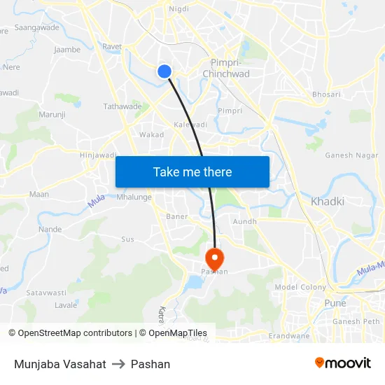 मुंजाबा वसाहत to पाषाण map