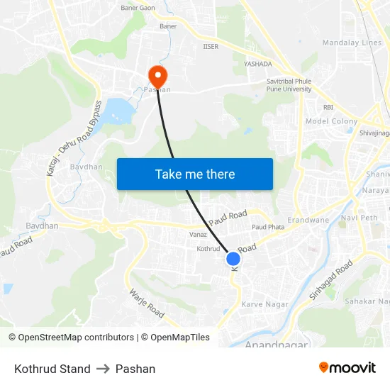 कोथरुड स्टैंड to पाषाण map