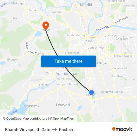भारती विद्यापीठ गेट to पाषाण map