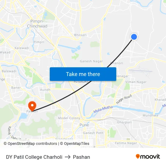 DY Patil College Charholi to पाषाण map