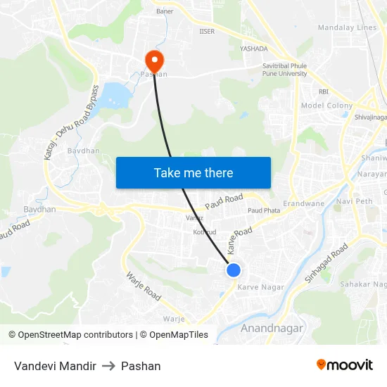 वंदेवी मंदिर to पाषाण map