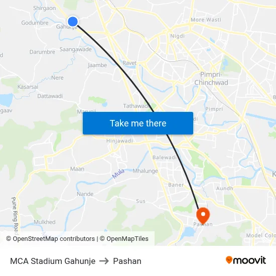 एमसीए स्टेडियम गहुंजे to पाषाण map