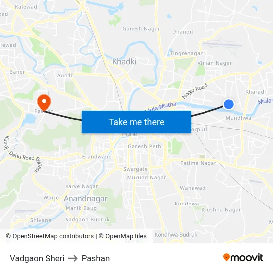 वडगाव शेरी to पाषाण map