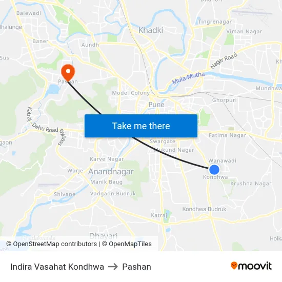 इंदिरा वसाहत कोंढवा to पाषाण map