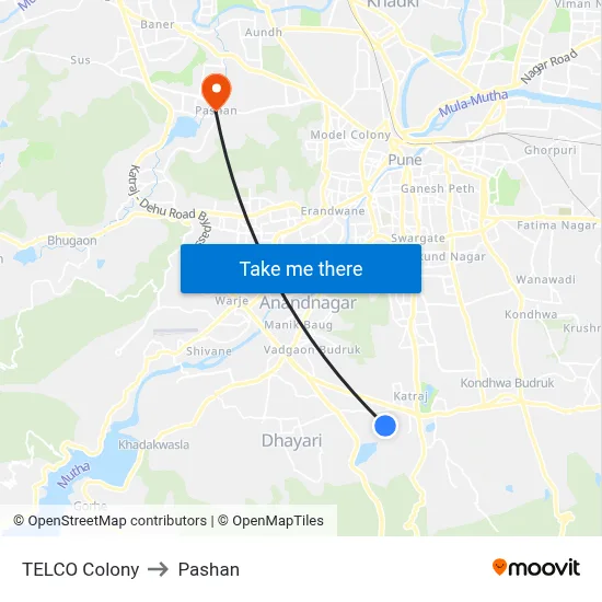 टेल्को कॉलोनी to पाषाण map