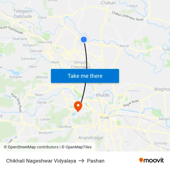 चिखली नागेश्वर विद्यालय to पाषाण map