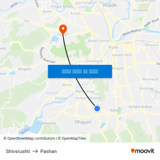 शिवसृष्टि to पाषाण map