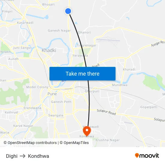 दिघी to कोंढवा map