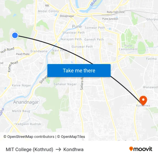 MIT College (Kothrud) to कोंढवा map