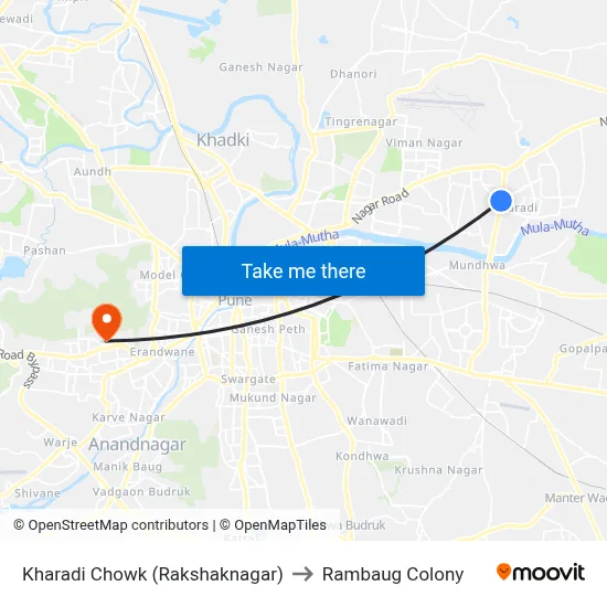 खराडी चौक (रक्षकनगर) to रामबाग कॉलोनी map