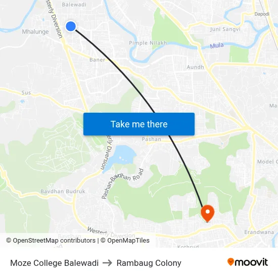Moze College Balewadi to Rambaug Colony map