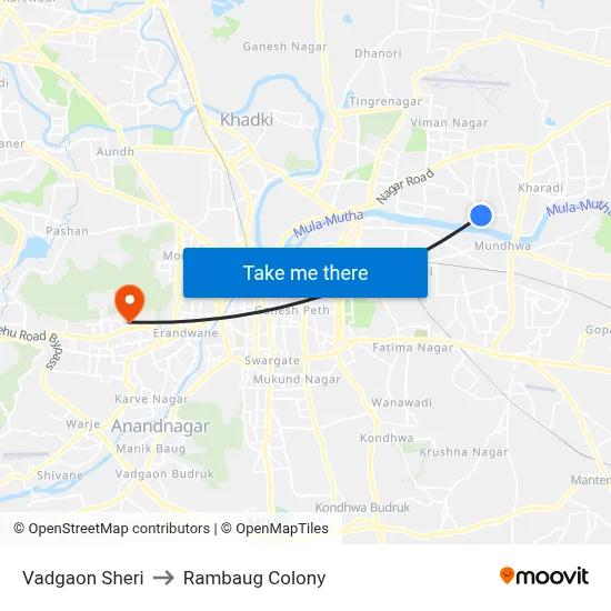 वडगाव शेरी to रामबाग कॉलोनी map