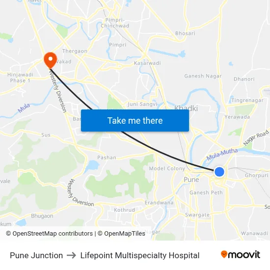 Pune Junction to Lifepoint Multispecialty Hospital map