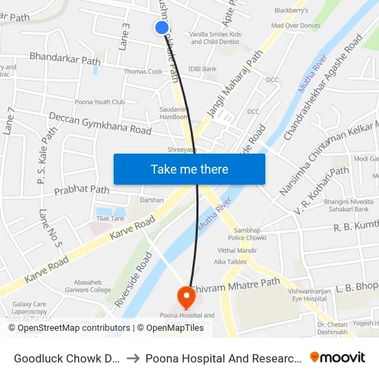 गुडलक चौक डेक्कन to पूना अस्पताल और अनुसंधान केंद्र map