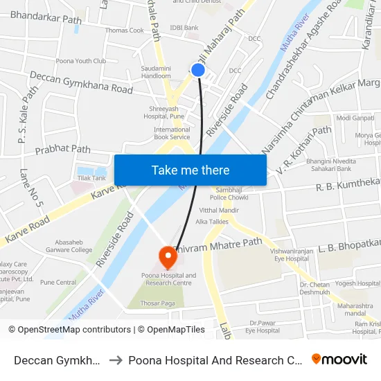 डेक्कन जिमखाना to पूना अस्पताल और अनुसंधान केंद्र map