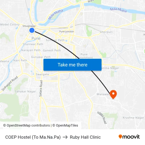 COEP Hostel (To Ma.Na.Pa) to Ruby Hall Clinic map