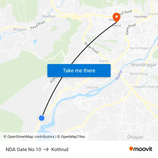 एनडीए गेट नं.10 to कोथरुड map