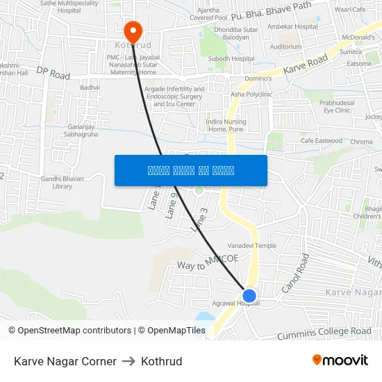 कर्वे नगर कॉर्नर to कोथरुड map