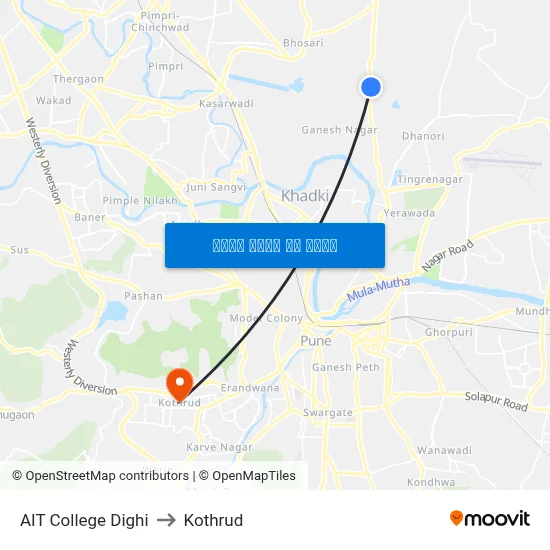 एआईटी कॉलेज दिघी to कोथरुड map