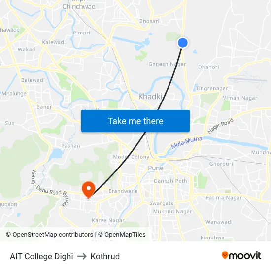 एआईटी कॉलेज दिघी to कोथरुड map