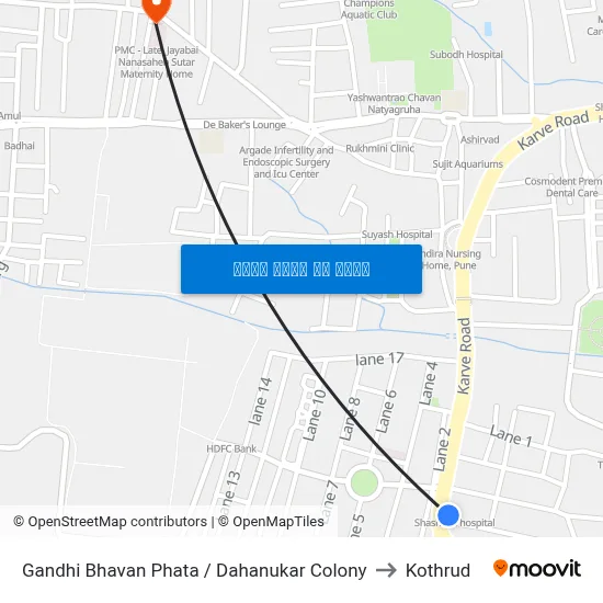 गांधी भवन फाटा / दहानुकर कॉलोनी to कोथरुड map