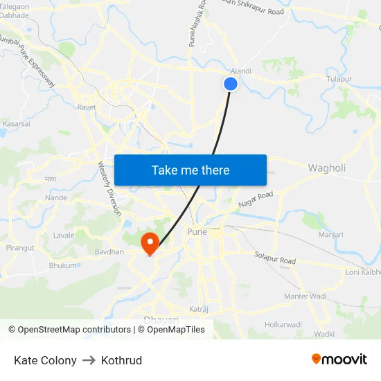 काटे कॉलनी to कोथरुड map