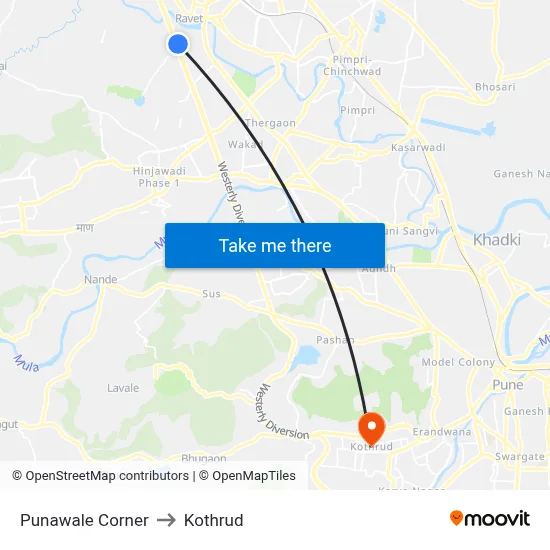 Punawale Corner to Kothrud map