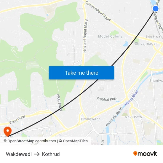 Wakdewadi to Kothrud map