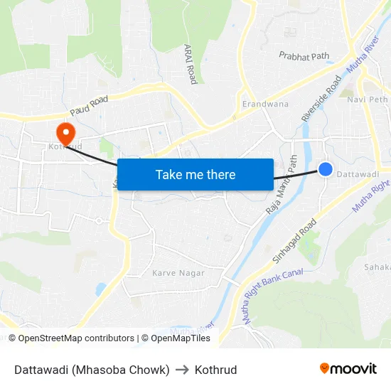 Dattawadi (Mhasoba Chowk) to Kothrud map