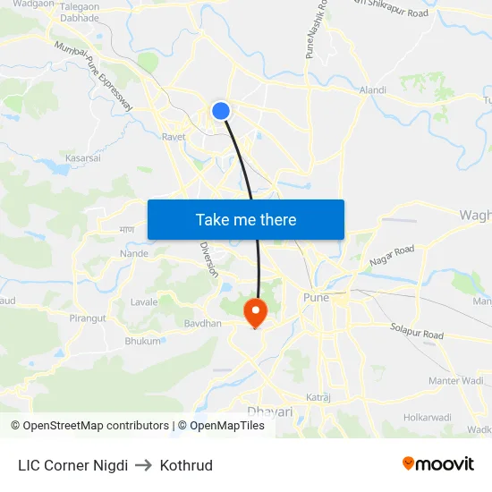 LIC Corner Nigdi to Kothrud map