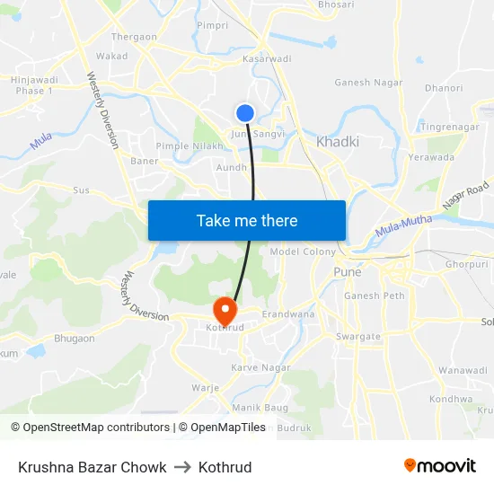 Krushna Bazar Chowk to Kothrud map