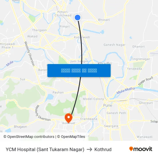 वाय.सी.एम हॉस्पिटल (संत तुकाराम नगर) to कोथरुड map