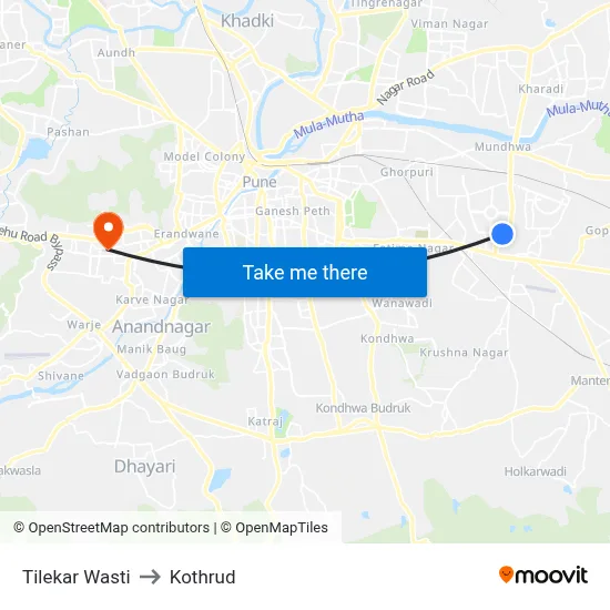 टिलेकर वस्ती to कोथरुड map