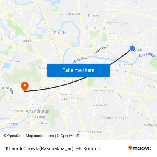 खराडी चौक (रक्षकनगर) to कोथरुड map