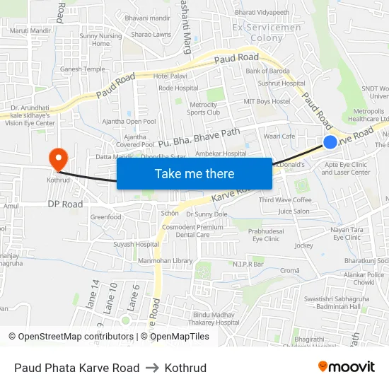 Paud Phata Karve Road to कोथरुड map