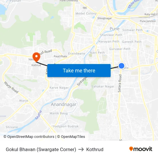 गोकुल भवन (स्वारगेट कॉर्नर) to कोथरुड map