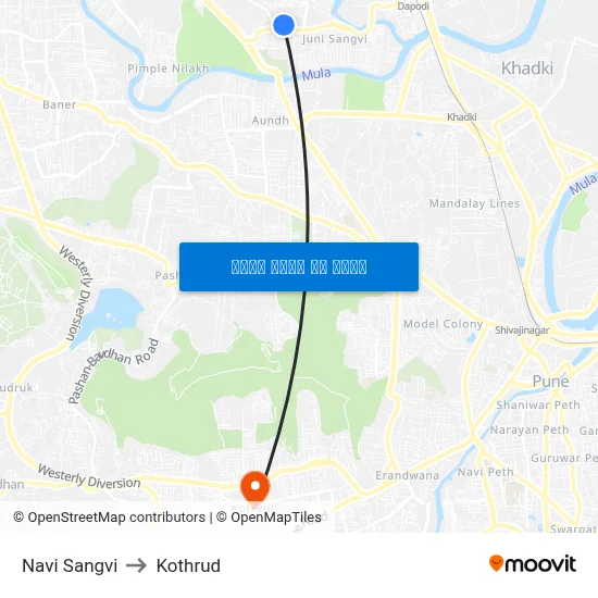 नवी सांगवी to कोथरुड map