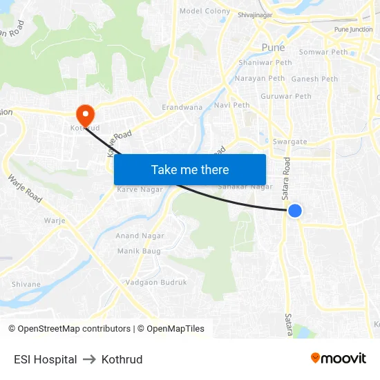 ESI Hospital to Kothrud map