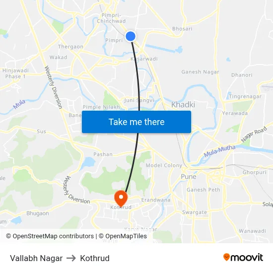 वल्लभ नगर to कोथरुड map