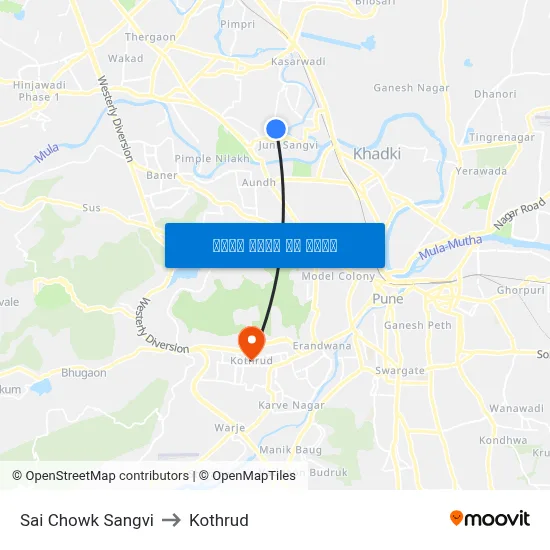 साई चौक सांगवी to कोथरुड map