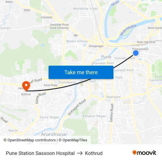 Pune Station Sassoon Hospital to कोथरुड map