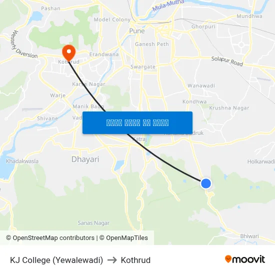 केजे कॉलेज (येवलेवाडी) to कोथरुड map