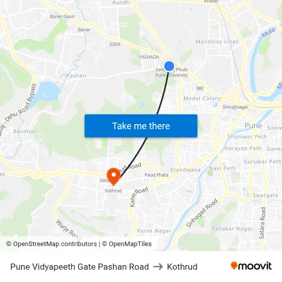 पुणे विद्यापीठ गेट पाषाण रोड to कोथरुड map